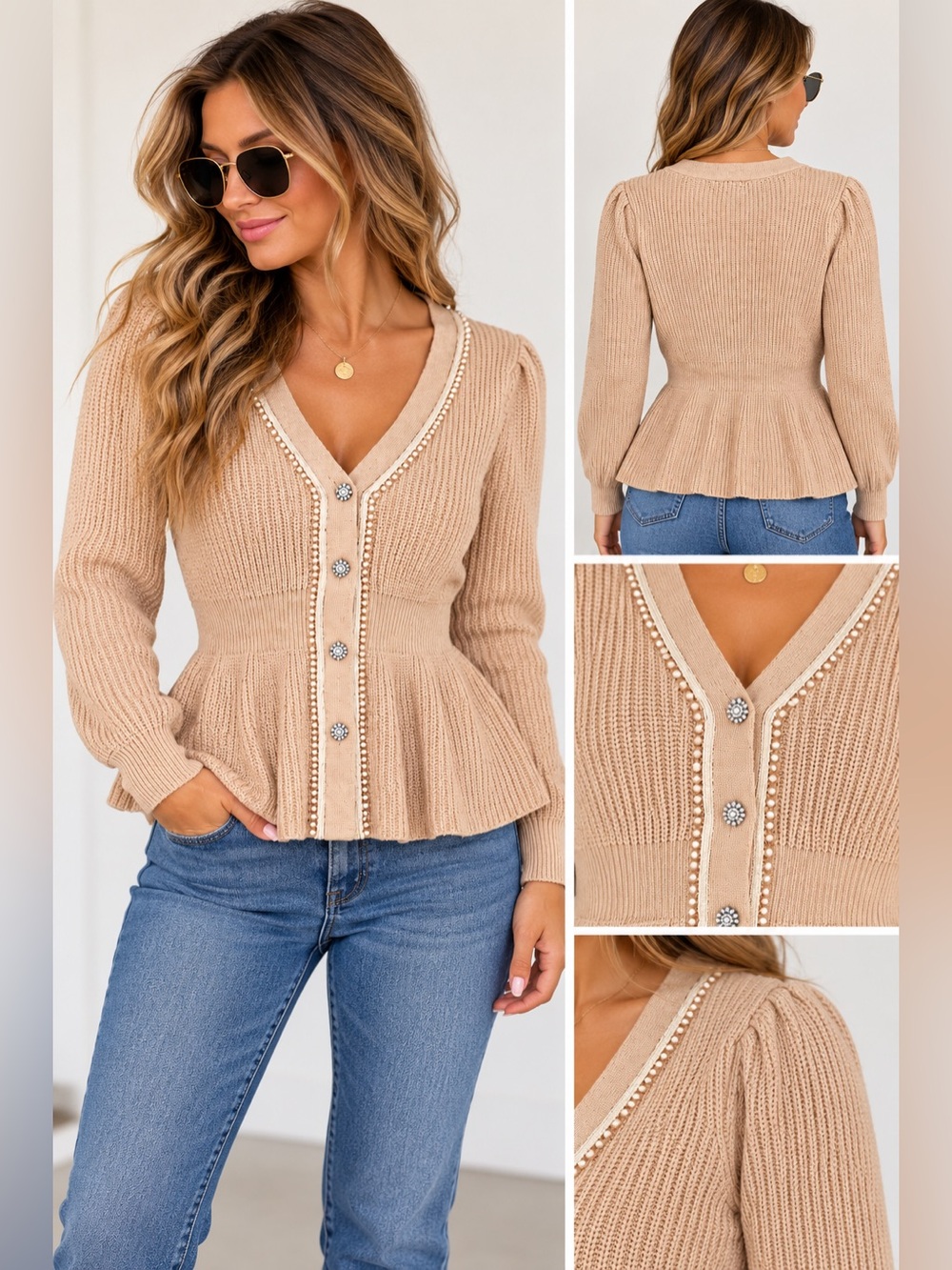 AliceBlue Size M Blush Pearl Trim Jeweled Button Peplum Knit Cardigan NWOT